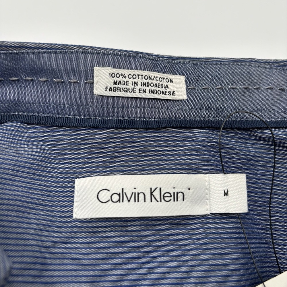 NWT Calvin Klein Men's Medium Dress Blue Striped Shirt Roll Tab Sleeve Cotton